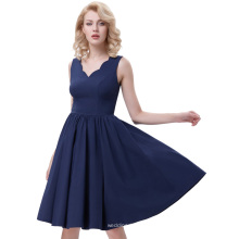 Belle Poque sin mangas con cuello en V High Stretchy A-Line Azul Marino Vintage 50s 60s Rockabilly Retro Dress BP000269-2